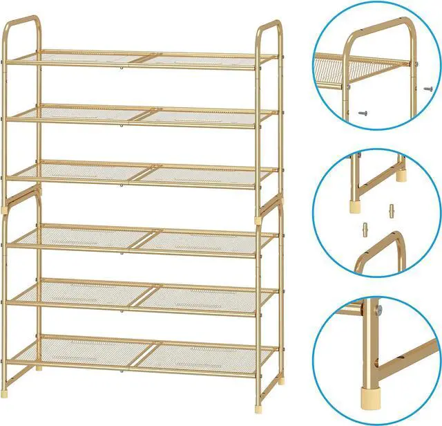 Alt view image 5 of 7 - Simple Trending 3-Tier Stackable Shoe Rack, Expandable & Adjustable Shoe Shelf Storage Organizer, Metal Mesh, Gold