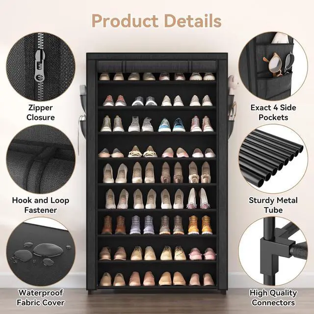 Alt view image 4 of 7 - LANTEFUL Shoe Rack with Covers - 10 Tiers Tall Shoe Rack Organizer Large Capacity Shoe Shelf Storage 40 Pairs Space Saving Vertical Shoe Storage Organizer for Closet, Entryway, Dorm, Bedroom