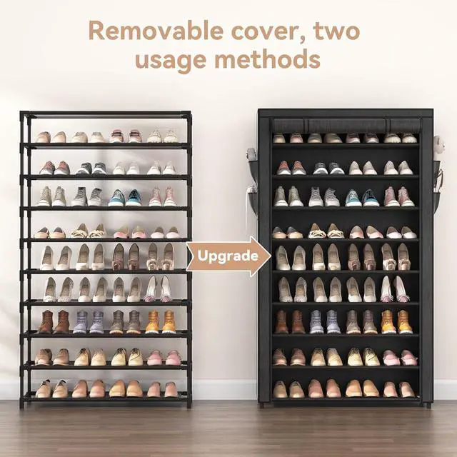 Alt view image 5 of 7 - LANTEFUL Shoe Rack with Covers - 10 Tiers Tall Shoe Rack Organizer Large Capacity Shoe Shelf Storage 40 Pairs Space Saving Vertical Shoe Storage Organizer for Closet, Entryway, Dorm, Bedroom