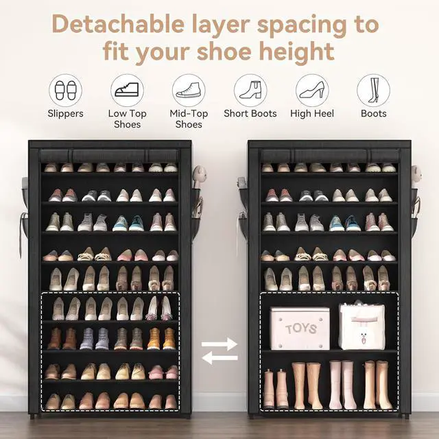 Alt view image 6 of 7 - LANTEFUL Shoe Rack with Covers - 10 Tiers Tall Shoe Rack Organizer Large Capacity Shoe Shelf Storage 40 Pairs Space Saving Vertical Shoe Storage Organizer for Closet, Entryway, Dorm, Bedroom