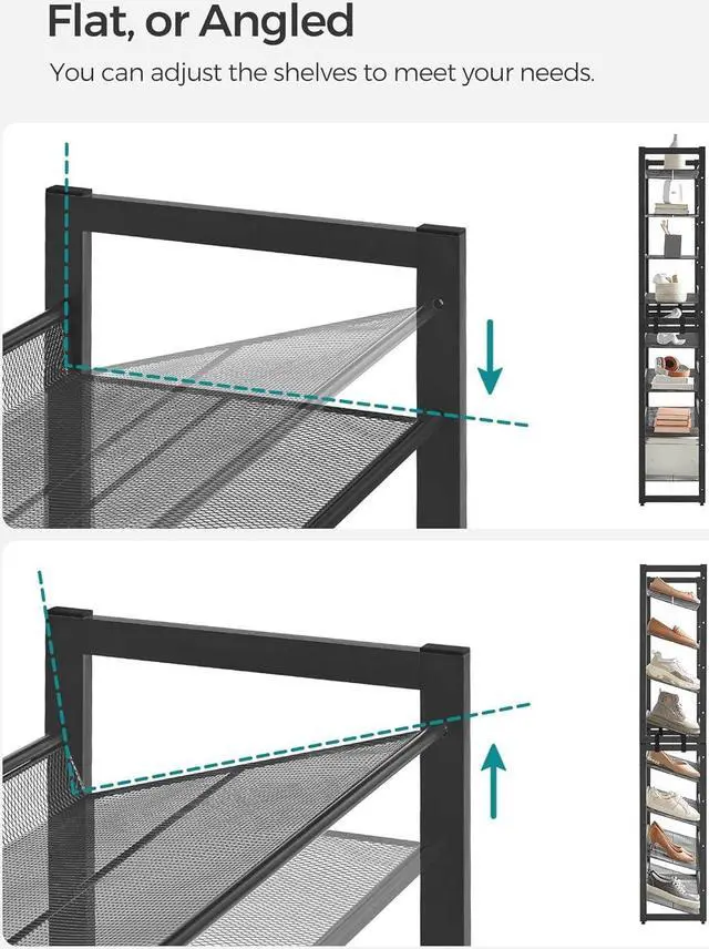 Alt view image 6 of 7 - SONGMICS Shoe Rack, 8-Tier Shoe Organizer, Metal Rack for Garage, Set of 2, 4-Tier Stackable Shelf, with Adjustable Flat or Angled Shelves, 32-40 Pairs, Ink Black ULMR08B