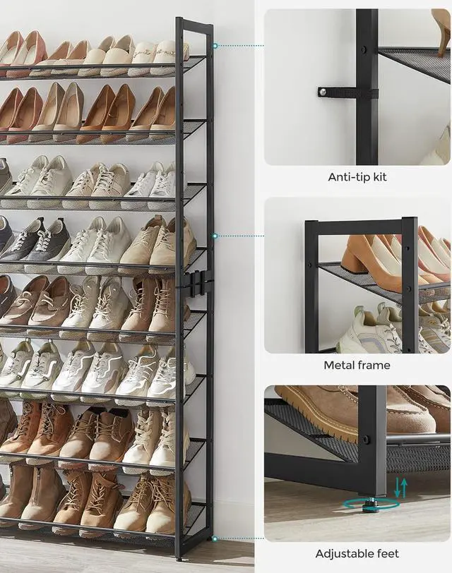 Alt view image 5 of 7 - SONGMICS Shoe Rack, 8-Tier Shoe Organizer, Metal Rack for Garage, Set of 2, 4-Tier Stackable Shelf, with Adjustable Flat or Angled Shelves, 32-40 Pairs, Ink Black ULMR08B