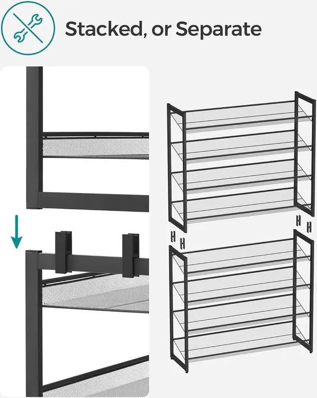 Alt view image 7 of 7 - SONGMICS Shoe Rack, 8-Tier Shoe Organizer, Metal Rack for Garage, Set of 2, 4-Tier Stackable Shelf, with Adjustable Flat or Angled Shelves, 32-40 Pairs, Ink Black ULMR08B