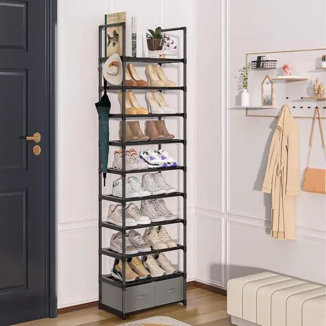 Alt view image 2 of 7 - OYREL Tall Shoe Rack Narrow 10 Tier Shoes Rack 20 25 Pairs + 2 Boxes 1 Hook