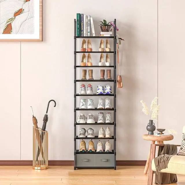 Alt view image 4 of 7 - OYREL Tall Shoe Rack Narrow 10 Tier Shoes Rack 20 25 Pairs + 2 Boxes 1 Hook