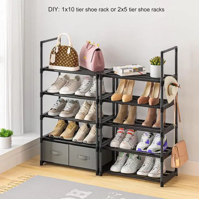 Alt view image 5 of 7 - OYREL Tall Shoe Rack Narrow 10 Tier Shoes Rack 20 25 Pairs + 2 Boxes 1 Hook