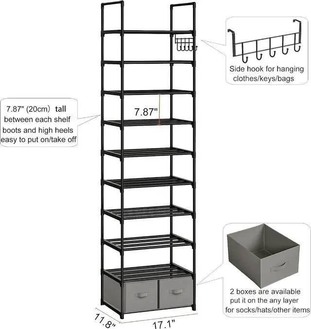 Alt view image 3 of 7 - OYREL Tall Shoe Rack Narrow 10 Tier Shoes Rack 20 25 Pairs + 2 Boxes 1 Hook