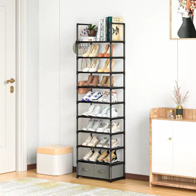 Alt view image 6 of 7 - OYREL Tall Shoe Rack Narrow 10 Tier Shoes Rack 20 25 Pairs + 2 Boxes 1 Hook