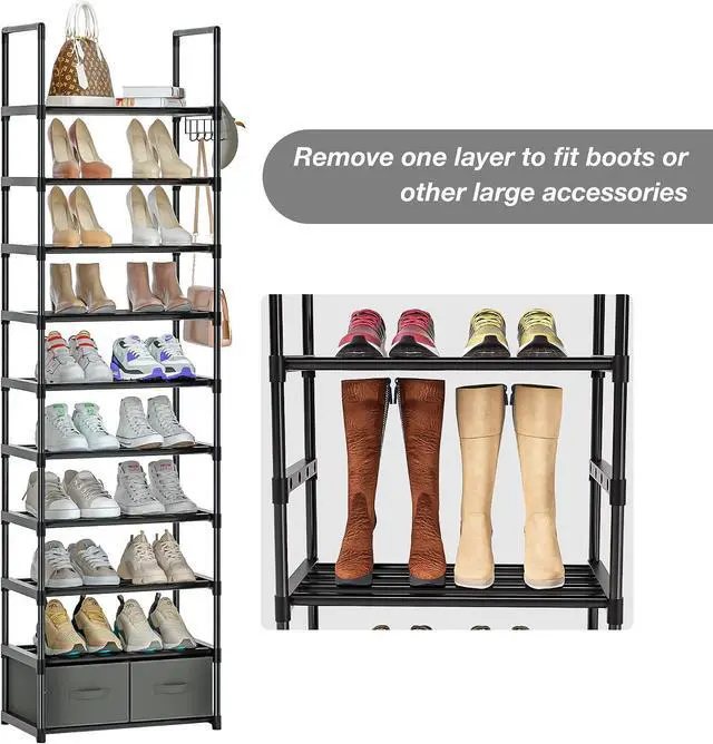 Alt view image 7 of 7 - OYREL Tall Shoe Rack Narrow 10 Tier Shoes Rack 20 25 Pairs + 2 Boxes 1 Hook
