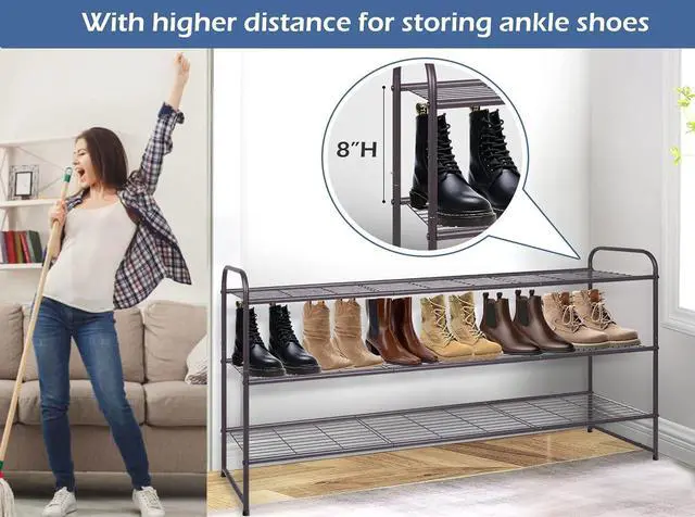 Alt view image 4 of 6 - KEETDY Long 3 Tier Shoe Rack for Closet Wide Shoe Storage Organizer Stackable Metal Shoe Shelf for 24 Pairs Men Sneakers with Wire Grid for Closet Floor, Bedroom, Entryway, Bronze