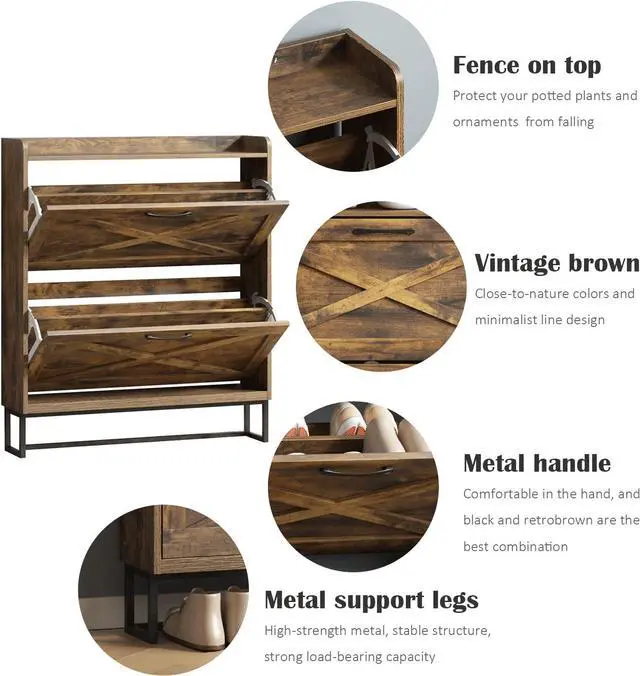 Alt view image 4 of 7 - Maupvit Shoe Storage Cabinet with 2 Flip Drawers, Freestanding Shoe Organizer with Metal Legs for Entryway, Narrow Shoe Rack Cabinet, Rustic Brown