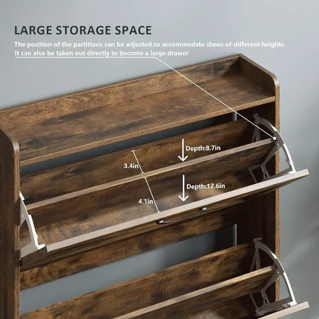 Alt view image 6 of 7 - Maupvit Shoe Storage Cabinet with 2 Flip Drawers, Freestanding Shoe Organizer with Metal Legs for Entryway, Narrow Shoe Rack Cabinet, Rustic Brown