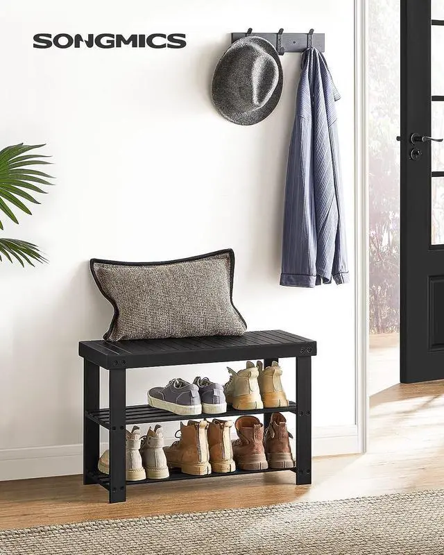 Alt view image 2 of 7 - SONGMICS Shoe Rack Bench, 3-Tier Bamboo Shoe Storage Organizer, Entryway Bench, Holds Up to 286 lb, 11.3 x 27.6 x 17.8 Inches, for Entryway Bathroom Bedroom, Ink Black ULBS04H