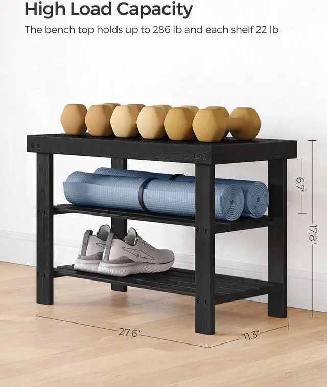 Alt view image 3 of 7 - SONGMICS Shoe Rack Bench, 3-Tier Bamboo Shoe Storage Organizer, Entryway Bench, Holds Up to 286 lb, 11.3 x 27.6 x 17.8 Inches, for Entryway Bathroom Bedroom, Ink Black ULBS04H