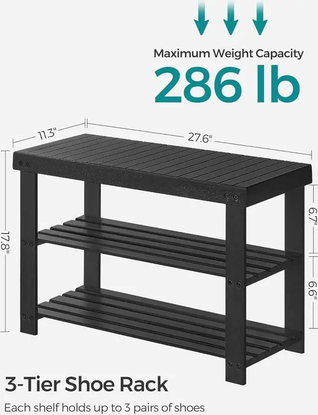 Alt view image 5 of 7 - SONGMICS Shoe Rack Bench, 3-Tier Bamboo Shoe Storage Organizer, Entryway Bench, Holds Up to 286 lb, 11.3 x 27.6 x 17.8 Inches, for Entryway Bathroom Bedroom, Ink Black ULBS04H