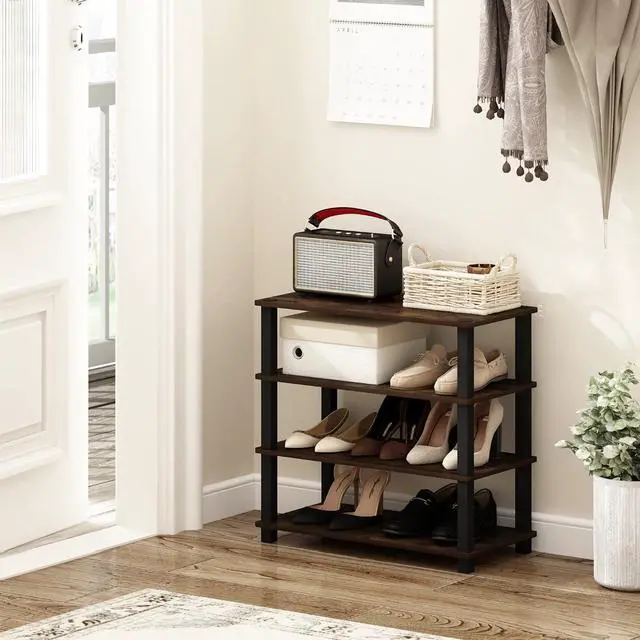 Alt view image 2 of 6 - Furinno Turn-S-Tube 4-Tier Shoe Rack, Amber Pine/Black