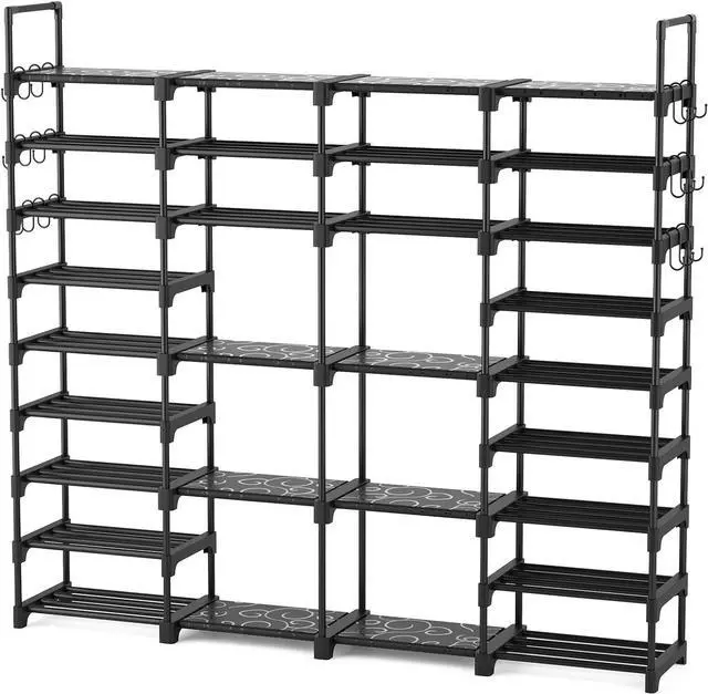 Main image of ROJASOP Large Shoe Rack Organizer for Entryway Closet 64-68 Pairs 9-Tier Heavy Duty Tall Garage Shoe Rack Shoe Shelf Shoes Storage with 18 Pcs Removable Side Hooks for Bedroom and Garage Black