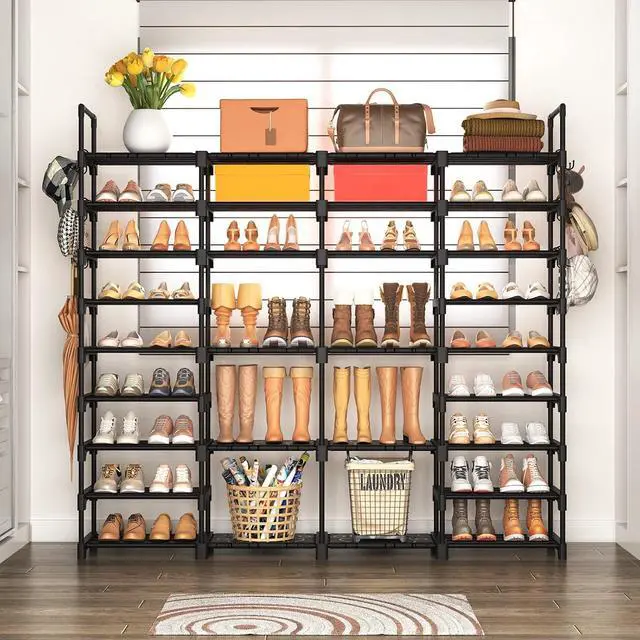 Alt view image 2 of 7 - ROJASOP Large Shoe Rack Organizer for Entryway Closet 64-68 Pairs 9-Tier Heavy Duty Tall Garage Shoe Rack Shoe Shelf Shoes Storage with 18 Pcs Removable Side Hooks for Bedroom and Garage Black