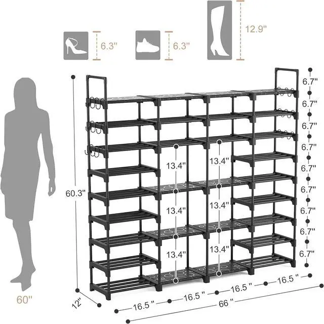 Alt view image 3 of 7 - ROJASOP Large Shoe Rack Organizer for Entryway Closet 64-68 Pairs 9-Tier Heavy Duty Tall Garage Shoe Rack Shoe Shelf Shoes Storage with 18 Pcs Removable Side Hooks for Bedroom and Garage Black