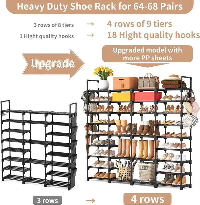 Alt view image 4 of 7 - ROJASOP Large Shoe Rack Organizer for Entryway Closet 64-68 Pairs 9-Tier Heavy Duty Tall Garage Shoe Rack Shoe Shelf Shoes Storage with 18 Pcs Removable Side Hooks for Bedroom and Garage Black