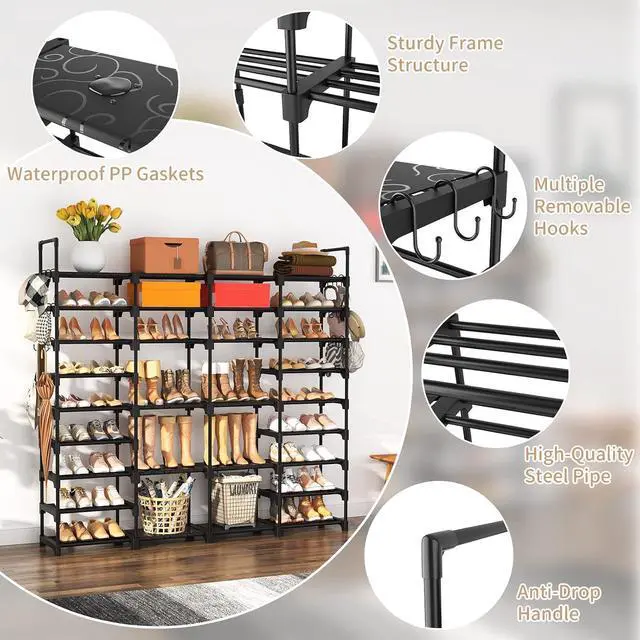Alt view image 5 of 7 - ROJASOP Large Shoe Rack Organizer for Entryway Closet 64-68 Pairs 9-Tier Heavy Duty Tall Garage Shoe Rack Shoe Shelf Shoes Storage with 18 Pcs Removable Side Hooks for Bedroom and Garage Black