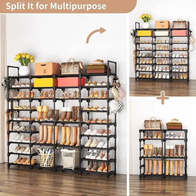 Alt view image 6 of 7 - ROJASOP Large Shoe Rack Organizer for Entryway Closet 64-68 Pairs 9-Tier Heavy Duty Tall Garage Shoe Rack Shoe Shelf Shoes Storage with 18 Pcs Removable Side Hooks for Bedroom and Garage Black