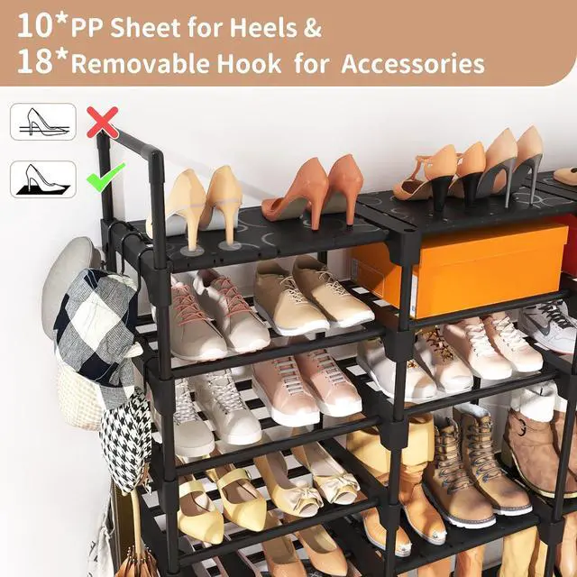 Alt view image 7 of 7 - ROJASOP Large Shoe Rack Organizer for Entryway Closet 64-68 Pairs 9-Tier Heavy Duty Tall Garage Shoe Rack Shoe Shelf Shoes Storage with 18 Pcs Removable Side Hooks for Bedroom and Garage Black