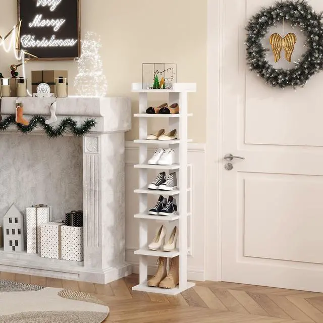 Alt view image 2 of 7 - HOMEFORT 7-Tier Wood Shoe Rack, Entryway Shoe Tower,Vertical Shoe Organizer, Wooden Shoe Storage Stand, White