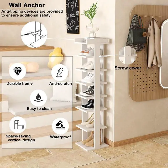 Alt view image 5 of 7 - HOMEFORT 7-Tier Wood Shoe Rack, Entryway Shoe Tower,Vertical Shoe Organizer, Wooden Shoe Storage Stand, White