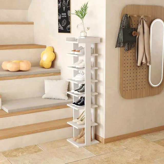 Alt view image 7 of 7 - HOMEFORT 7-Tier Wood Shoe Rack, Entryway Shoe Tower,Vertical Shoe Organizer, Wooden Shoe Storage Stand, White