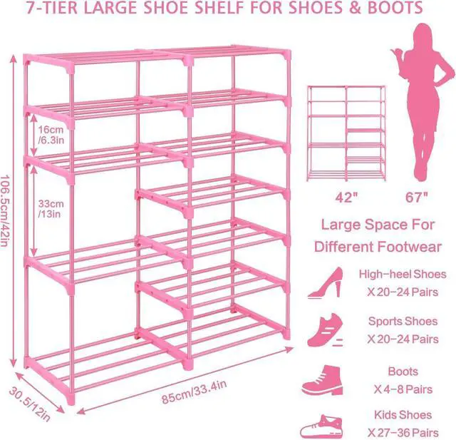 Alt view image 3 of 7 - LNYZQUS 7-Tier Large Pink Shoe Rack, 24 -30 Pairs Tall Shoe Organizer Shelf, Kids Boots Stand Organizer For Garage Closet Entryway
