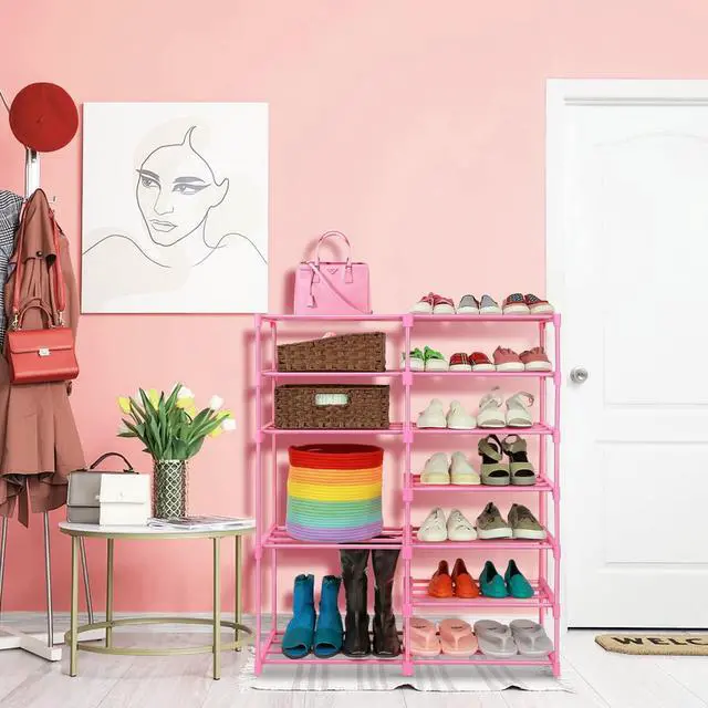 Alt view image 4 of 7 - LNYZQUS 7-Tier Large Pink Shoe Rack, 24 -30 Pairs Tall Shoe Organizer Shelf, Kids Boots Stand Organizer For Garage Closet Entryway