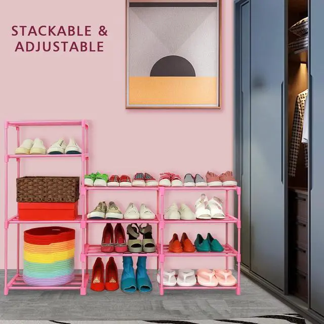 Alt view image 6 of 7 - LNYZQUS 7-Tier Large Pink Shoe Rack, 24 -30 Pairs Tall Shoe Organizer Shelf, Kids Boots Stand Organizer For Garage Closet Entryway