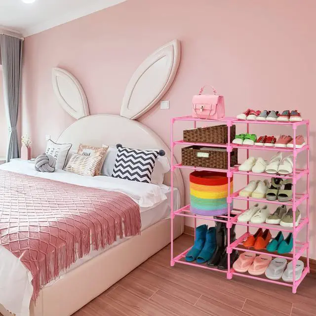 Alt view image 7 of 7 - LNYZQUS 7-Tier Large Pink Shoe Rack, 24 -30 Pairs Tall Shoe Organizer Shelf, Kids Boots Stand Organizer For Garage Closet Entryway