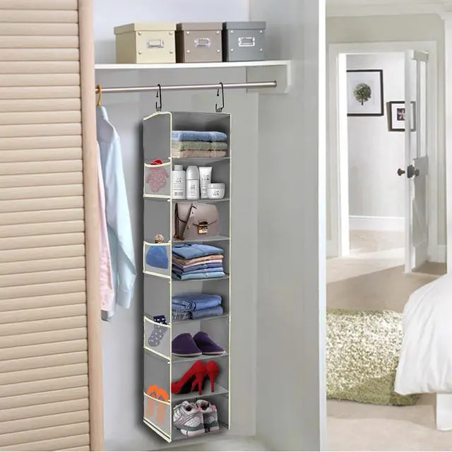 Alt view image 2 of 6 - Large-Sized Hanging Shoe Organizer 8-Shelf, Hanging Closet Organizer with 8 Side Pockets, Wider Hanging Shelves for Storage Shoes Clothes 9" W × 11.8" D× 48" H, Grey