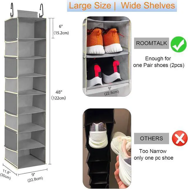 Alt view image 3 of 6 - Large-Sized Hanging Shoe Organizer 8-Shelf, Hanging Closet Organizer with 8 Side Pockets, Wider Hanging Shelves for Storage Shoes Clothes 9" W × 11.8" D× 48" H, Grey