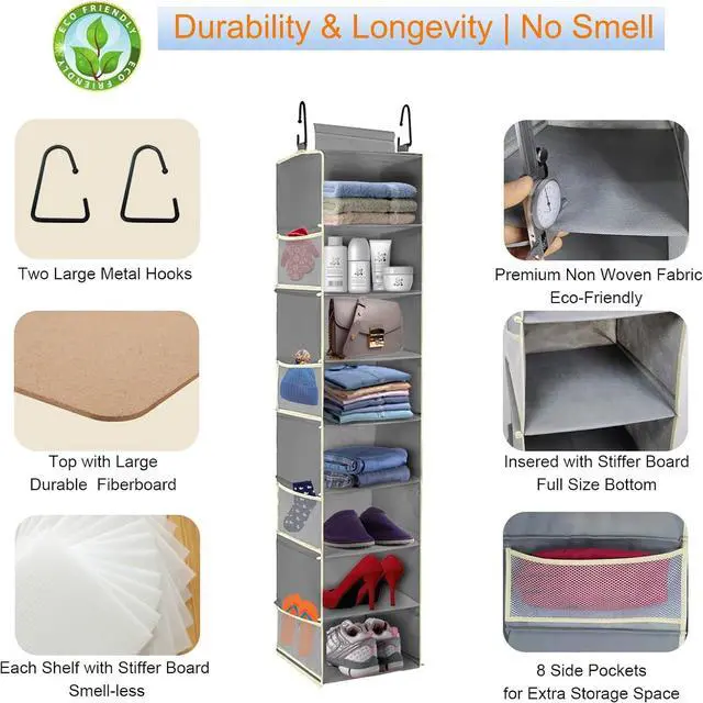 Alt view image 5 of 6 - Large-Sized Hanging Shoe Organizer 8-Shelf, Hanging Closet Organizer with 8 Side Pockets, Wider Hanging Shelves for Storage Shoes Clothes 9" W × 11.8" D× 48" H, Grey