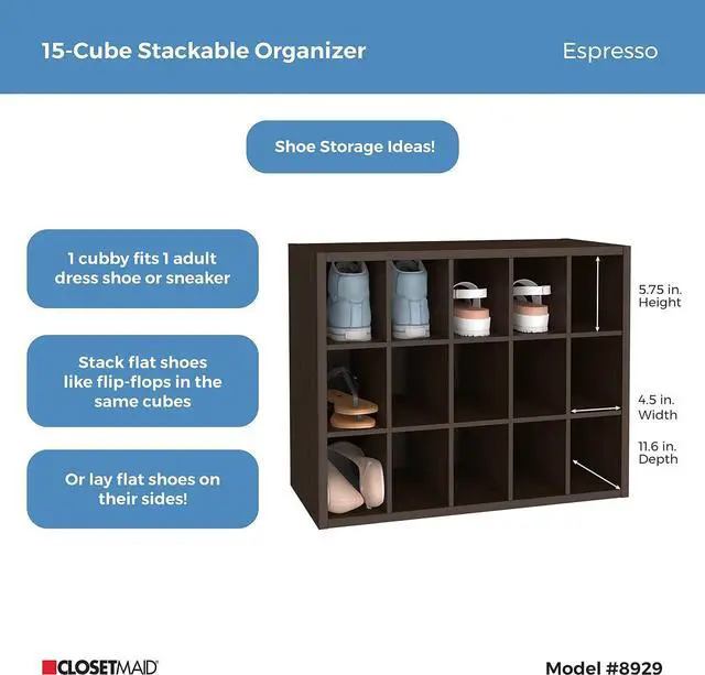 Alt view image 2 of 7 - ClosetMaid 15 Cube Stackable Storage Organizer for Shoes, Bags, Crafts, Hobbies with Wood Shelves, for Closet, Entryway or Mudroom, Espresso