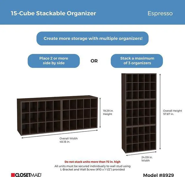 Alt view image 7 of 7 - ClosetMaid 15 Cube Stackable Storage Organizer for Shoes, Bags, Crafts, Hobbies with Wood Shelves, for Closet, Entryway or Mudroom, Espresso