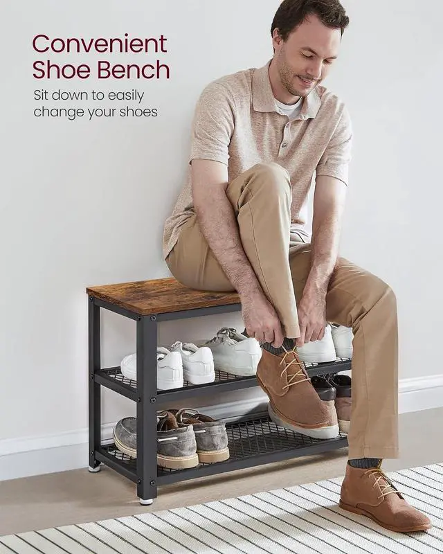 Alt view image 4 of 7 - VASAGLE 3-Tier Shoe Rack, Storage Bench with Metal Mesh Shelves and Seat