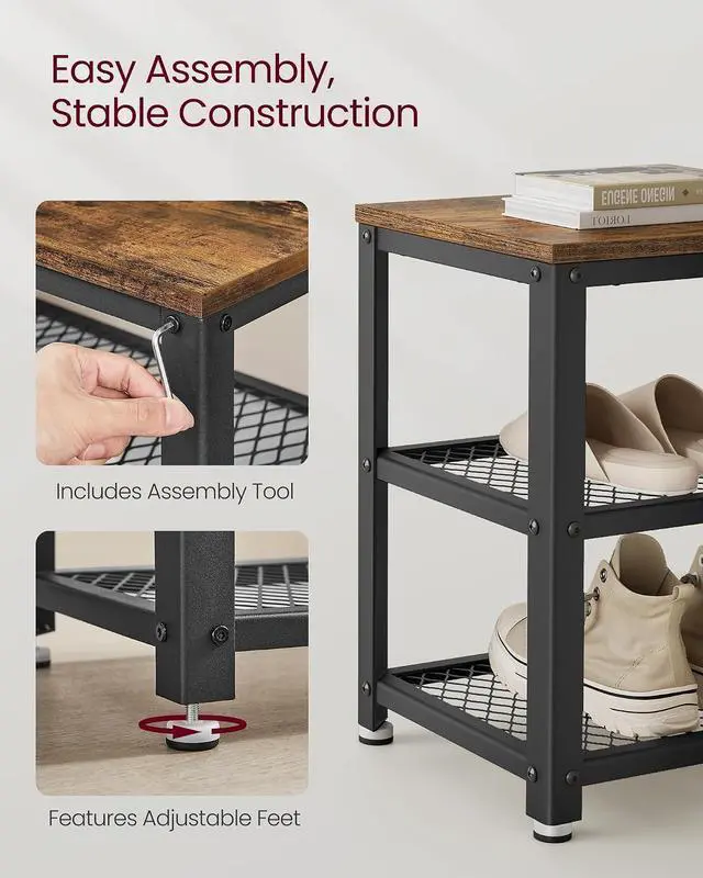 Alt view image 5 of 7 - VASAGLE 3-Tier Shoe Rack, Storage Bench with Metal Mesh Shelves and Seat