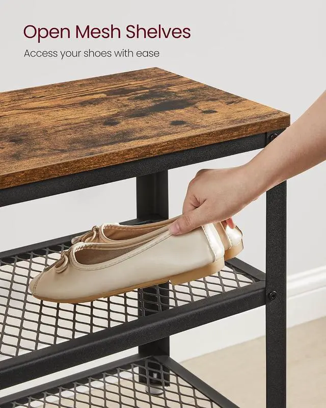Alt view image 6 of 7 - VASAGLE 3-Tier Shoe Rack, Storage Bench with Metal Mesh Shelves and Seat