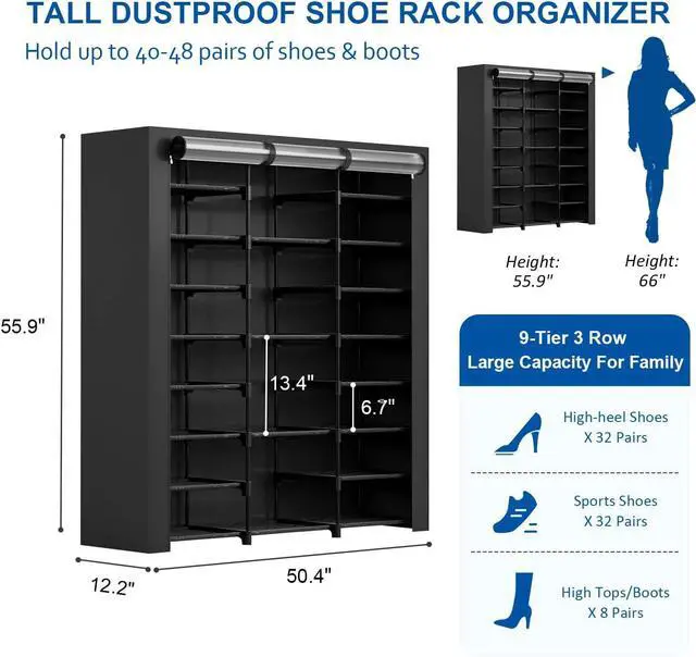 Alt view image 3 of 6 - 9-Tier Large Tall Shoe Rack with Covers 40-46 Pairs, Sneaker Rack Organizer Shoes Cabinet Closed Shelves Shoe Stand Holder for Garage Bedroom,Zapateras Organizer for Shoes 50 Pares