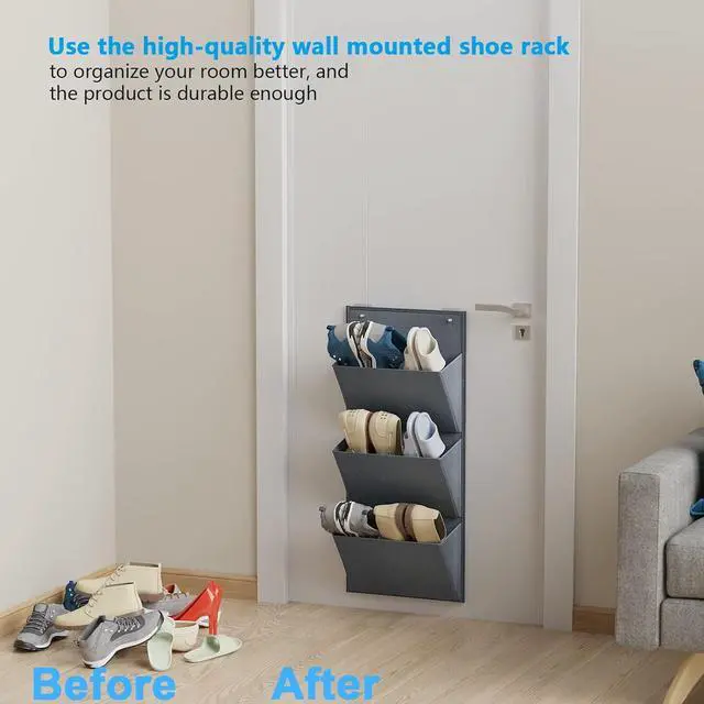 Alt view image 2 of 7 - Wall Mounted Hanging Organizer 2Pack,Shoes Rack/Can Store 6Pairs of Plus-Size Sneakers,Also Stores Boots.with Sticky Hanging Mounts, Shoes Holder,Door Shoe Hangers (SM08-Gray-2)