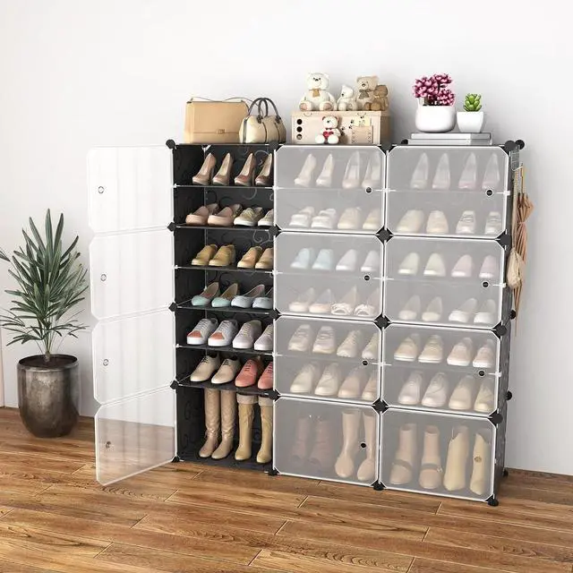 Alt view image 2 of 7 - Portable Shoe Rack Organizer with Door, 48 Pairs Shoe Storage Cabinet Easy Assembly, Plastic Adjustable Shoe Organizer Stackable Detachable Free Standing Shoe Rack DIY Expandable 8 Tier Black