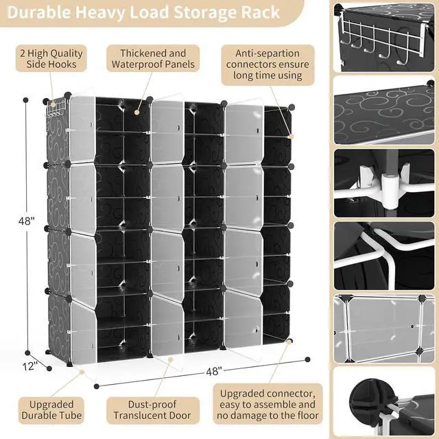 Alt view image 3 of 7 - Portable Shoe Rack Organizer with Door, 48 Pairs Shoe Storage Cabinet Easy Assembly, Plastic Adjustable Shoe Organizer Stackable Detachable Free Standing Shoe Rack DIY Expandable 8 Tier Black
