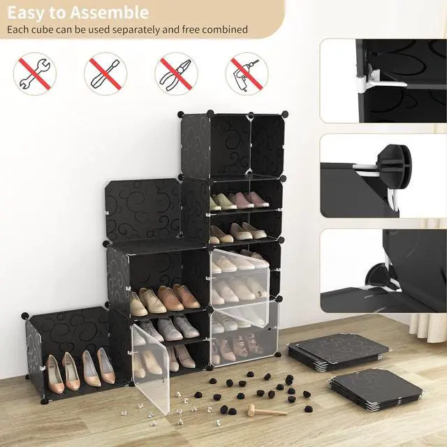 Alt view image 5 of 7 - Portable Shoe Rack Organizer with Door, 48 Pairs Shoe Storage Cabinet Easy Assembly, Plastic Adjustable Shoe Organizer Stackable Detachable Free Standing Shoe Rack DIY Expandable 8 Tier Black