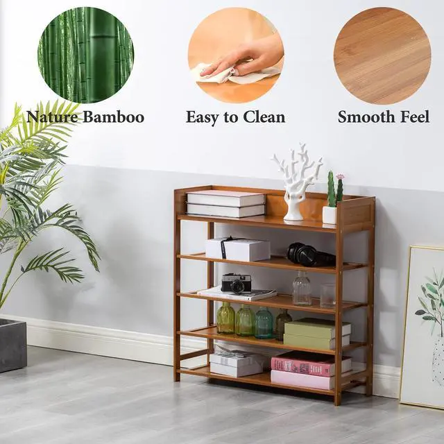 Alt view image 6 of 7 - Bamboo Shoe Rack Organizer, 5 Tier Shoe Shelf Storage Organizer, for Entryway, Hallway, and Closet (Brown-31.5)