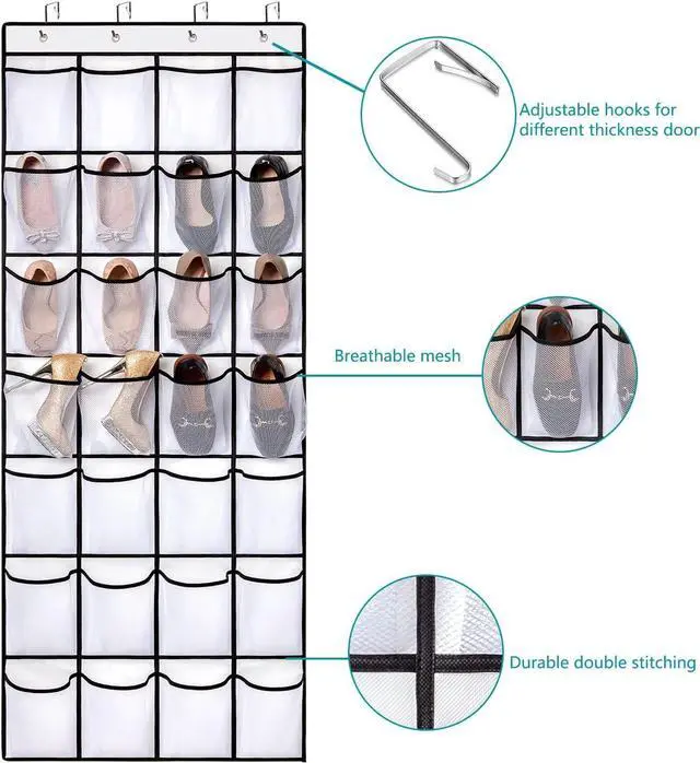 Alt view image 4 of 6 - REGELETO 2 Pack 28 Pocket Over the Door Shoe Organizer, Hanging Shoe Rack for Door Large Capacity Shoe Organizer Holder with 4 Metal Hooks (White-2Pack)