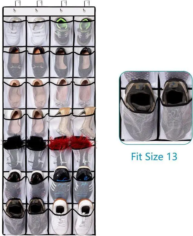 Alt view image 3 of 6 - REGELETO 2 Pack 28 Pocket Over the Door Shoe Organizer, Hanging Shoe Rack for Door Large Capacity Shoe Organizer Holder with 4 Metal Hooks (White-2Pack)